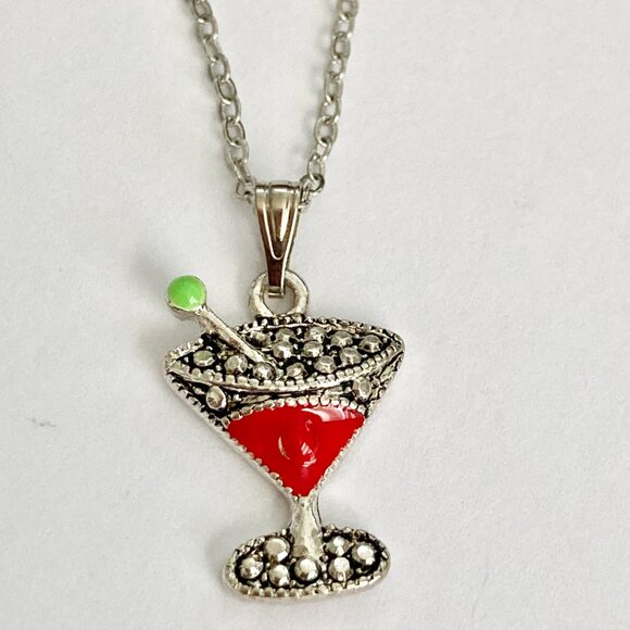 Martini Cocktail Drink Cup Glass Charm Necklace Pendant Red Enamel 18" Chain - Picture 4 of 9